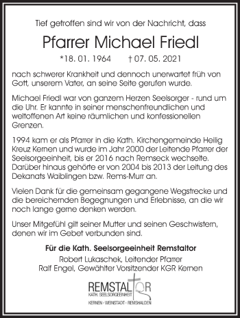 Traueranzeige von Michael Friedl von Stuttgarter Zeitung / Stuttgarter Nachrichten