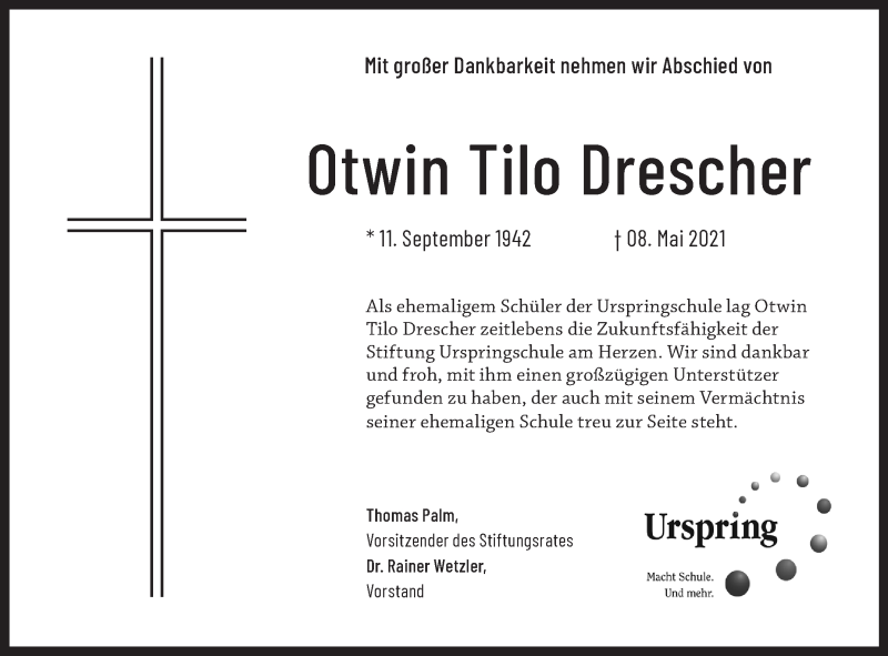 Traueranzeige für Otwin Tilo Drescher vom 22.05.2021 aus Stuttgarter Zeitung / Stuttgarter Nachrichten