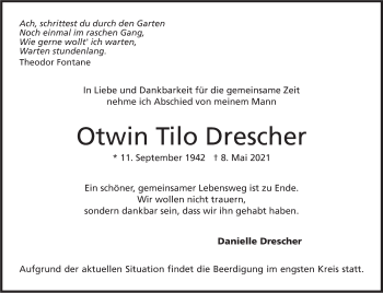 Traueranzeige von Otwin Tilo Drescher von Stuttgarter Zeitung / Stuttgarter Nachrichten