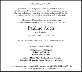 Traueranzeige von Pauline Auch von Stuttgarter Zeitung / Stuttgarter Nachrichten