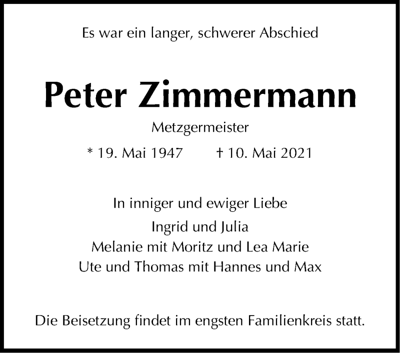  Traueranzeige für Peter Zimmermann vom 15.05.2021 aus Stuttgarter Zeitung / Stuttgarter Nachrichten