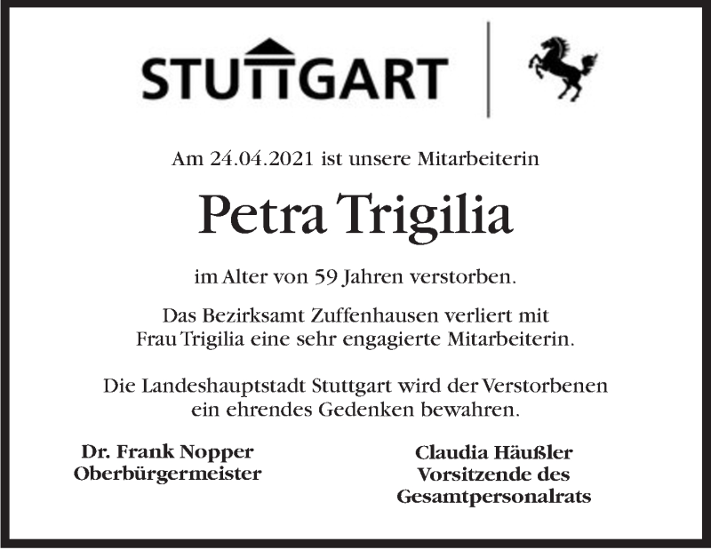  Traueranzeige für Petra Trigilia vom 15.05.2021 aus Stuttgarter Zeitung / Stuttgarter Nachrichten