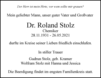 Traueranzeige von Roland Stolz von Stuttgarter Zeitung / Stuttgarter Nachrichten