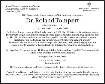 Traueranzeige von Roland Tompert von Stuttgarter Zeitung / Stuttgarter Nachrichten