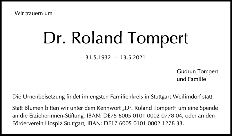  Traueranzeige für Roland Tompert vom 20.05.2021 aus Stuttgarter Zeitung / Stuttgarter Nachrichten