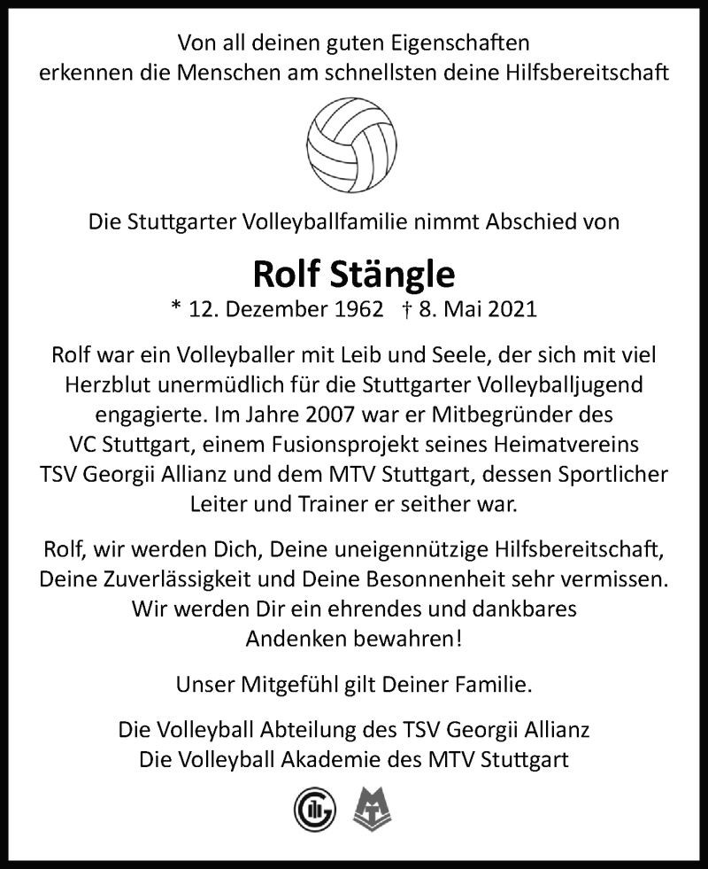  Traueranzeige für Rolf Stängle vom 26.05.2021 aus Stuttgarter Zeitung / Stuttgarter Nachrichten