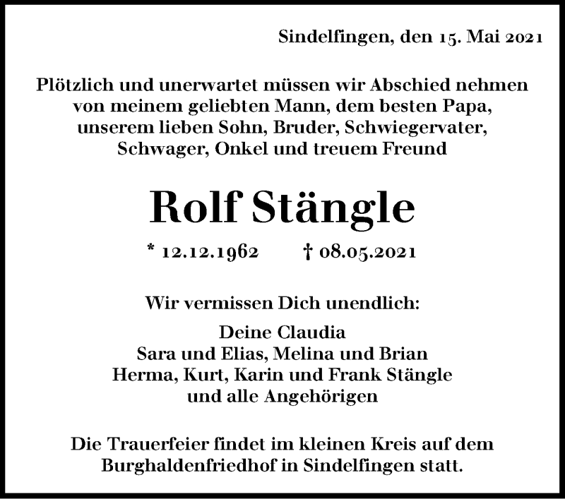  Traueranzeige für Rolf Stängle vom 15.05.2021 aus Stuttgarter Zeitung / Stuttgarter Nachrichten