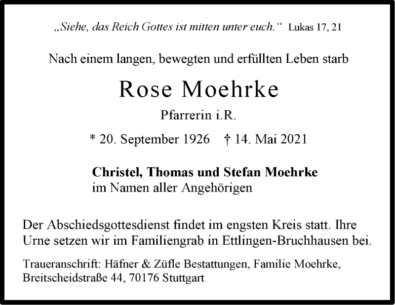  Traueranzeige für Rose Moehrke vom 22.05.2021 aus Stuttgarter Zeitung / Stuttgarter Nachrichten