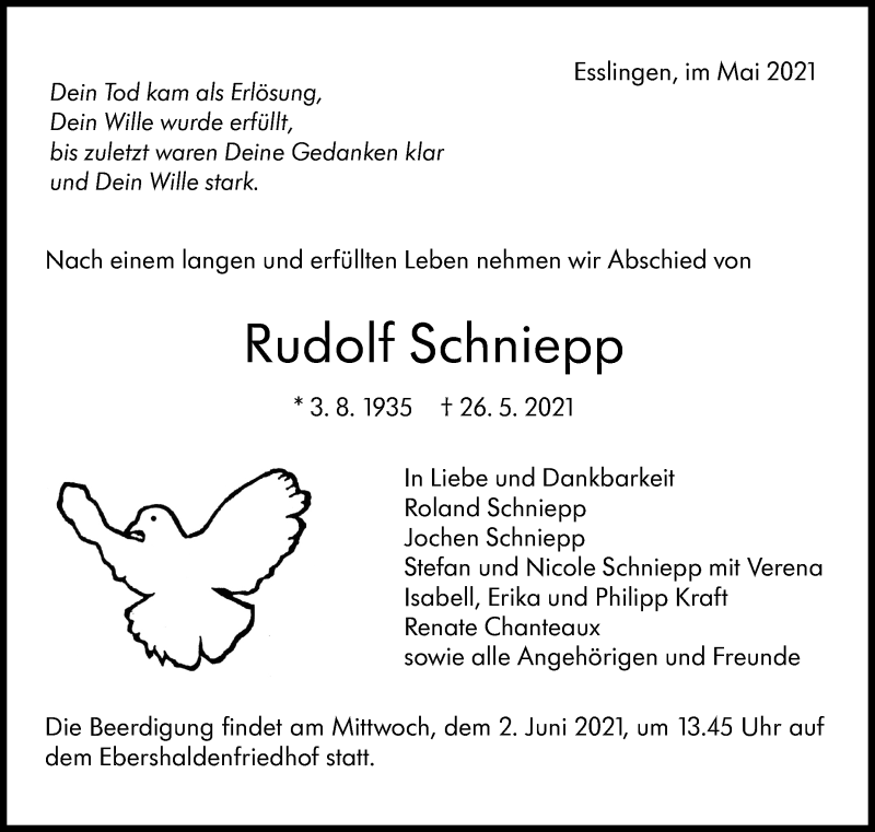  Traueranzeige für Rudolf Schniepp vom 29.05.2021 aus Stuttgarter Zeitung / Stuttgarter Nachrichten