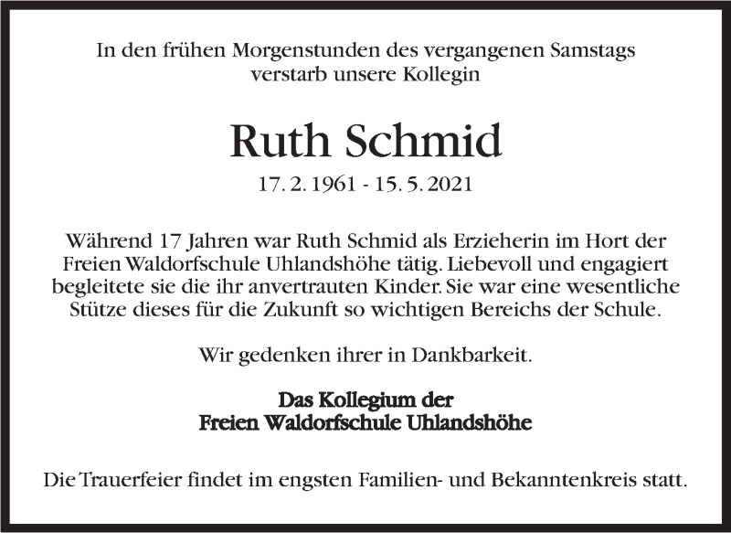  Traueranzeige für Ruth Schmid vom 18.05.2021 aus Stuttgarter Zeitung / Stuttgarter Nachrichten