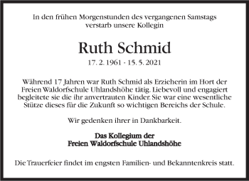 Traueranzeige von Ruth Schmid von Stuttgarter Zeitung / Stuttgarter Nachrichten