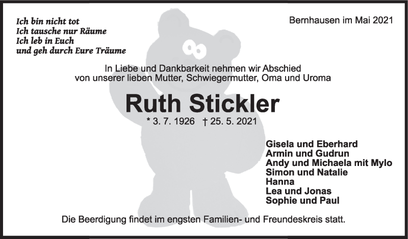  Traueranzeige für Ruth Stickler vom 29.05.2021 aus Stuttgarter Zeitung / Stuttgarter Nachrichten
