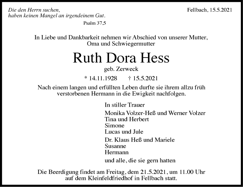  Traueranzeige für Ruth Dora Hess vom 19.05.2021 aus Stuttgarter Zeitung / Stuttgarter Nachrichten
