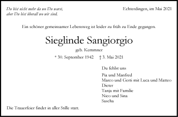 Traueranzeige von Sieglinde Sangiorgio von Stuttgarter Zeitung / Stuttgarter Nachrichten