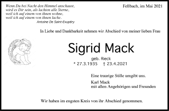 Traueranzeige von Sigrid Mack von Stuttgarter Zeitung / Stuttgarter Nachrichten