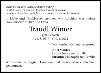 Traueranzeige von Traudl Winter von Stuttgarter Zeitung / Stuttgarter Nachrichten