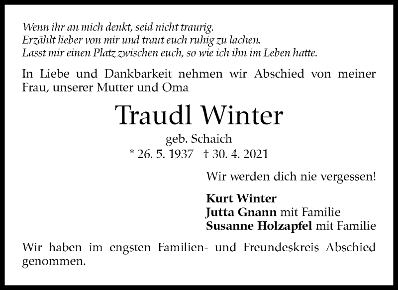  Traueranzeige für Traudl Winter vom 15.05.2021 aus Stuttgarter Zeitung / Stuttgarter Nachrichten