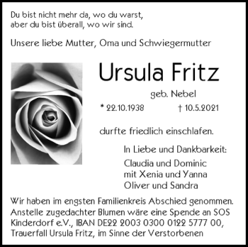 Traueranzeige von Ursula Fritz von Stuttgarter Zeitung / Stuttgarter Nachrichten