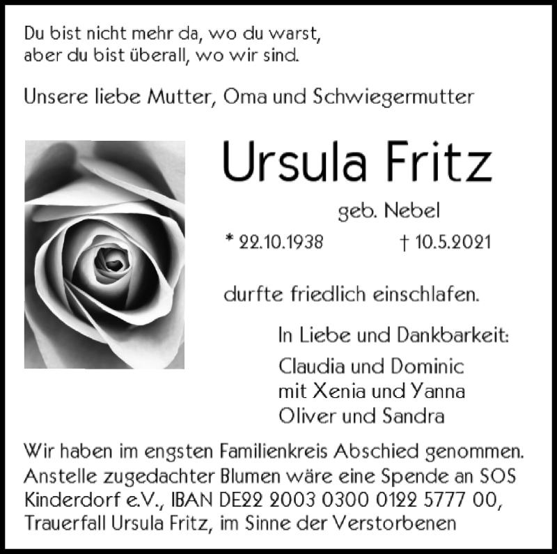  Traueranzeige für Ursula Fritz vom 15.05.2021 aus Stuttgarter Zeitung / Stuttgarter Nachrichten