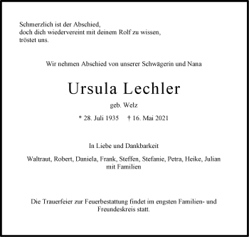 Traueranzeige von Ursula Lechler von Stuttgarter Zeitung / Stuttgarter Nachrichten