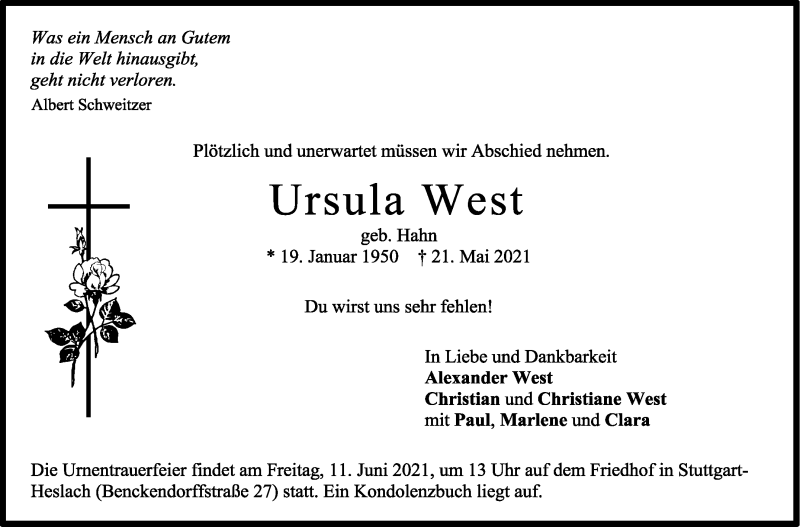  Traueranzeige für Ursula West vom 29.05.2021 aus Stuttgarter Zeitung / Stuttgarter Nachrichten