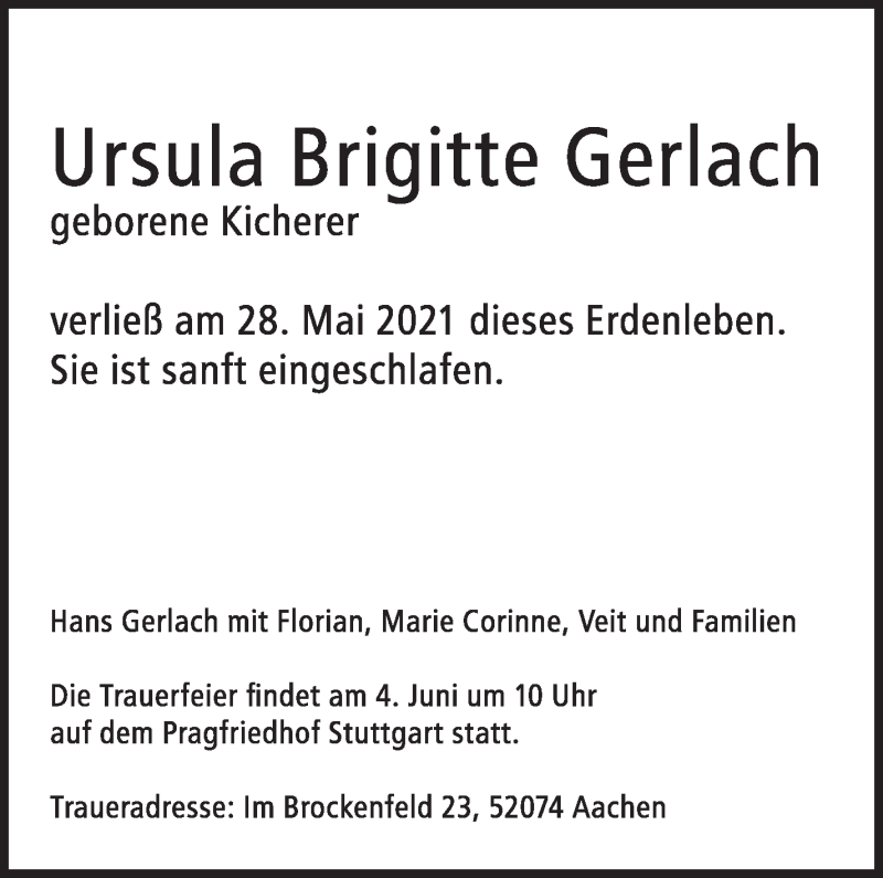  Traueranzeige für Ursula Brigitte Gerlach vom 01.06.2021 aus Stuttgarter Zeitung / Stuttgarter Nachrichten