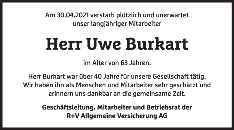  Traueranzeige für Uwe Burkart vom 15.05.2021 aus Stuttgarter Zeitung / Stuttgarter Nachrichten