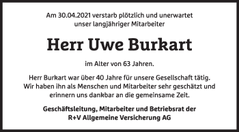 Traueranzeige von Uwe Burkart von Stuttgarter Zeitung / Stuttgarter Nachrichten