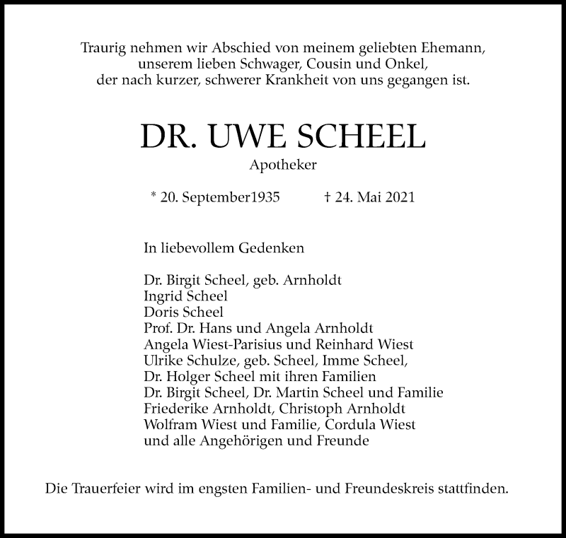  Traueranzeige für Uwe Scheel vom 29.05.2021 aus Stuttgarter Zeitung / Stuttgarter Nachrichten