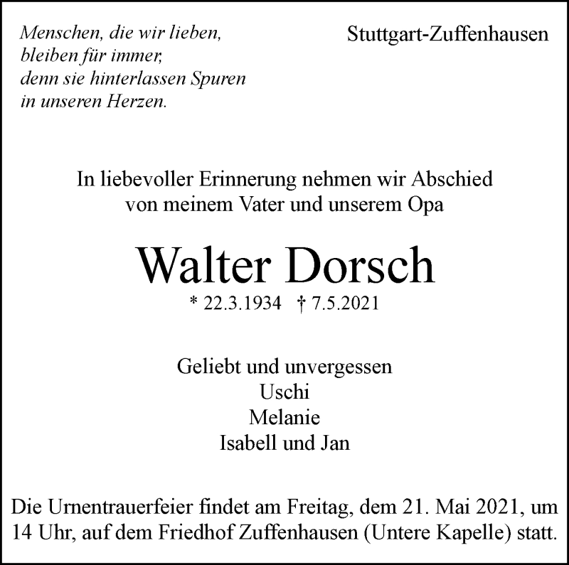  Traueranzeige für Walter Dorsch vom 14.05.2021 aus Stuttgarter Zeitung / Stuttgarter Nachrichten