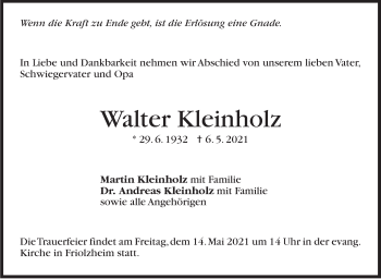 Traueranzeige von Walter Kleinholz von Stuttgarter Zeitung / Stuttgarter Nachrichten