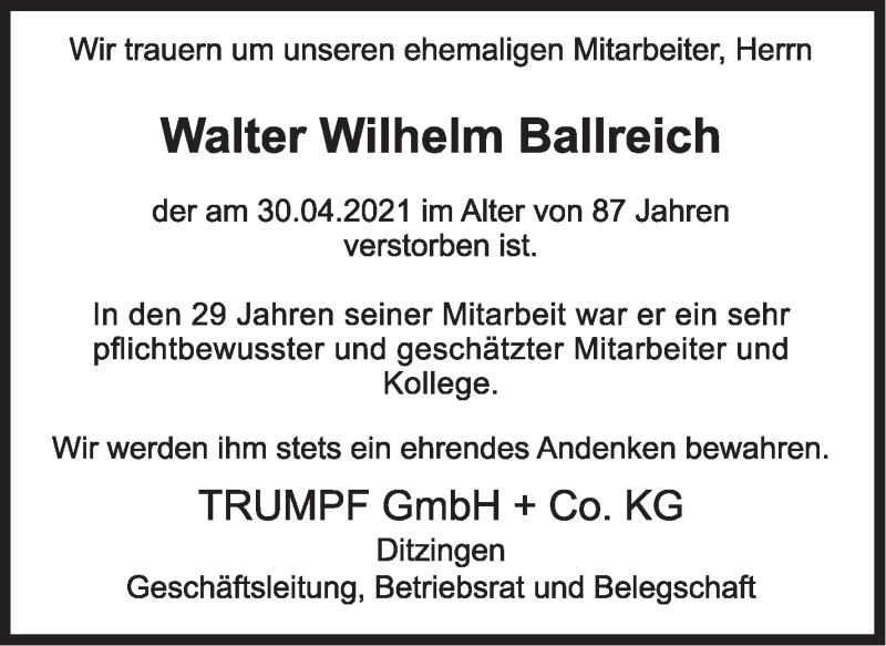  Traueranzeige für Walter Wilhelm Ballreich vom 15.05.2021 aus Stuttgarter Zeitung / Stuttgarter Nachrichten
