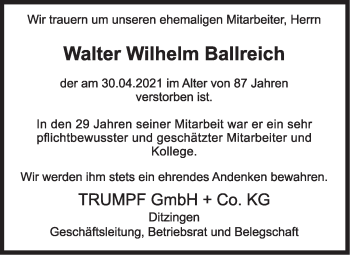 Traueranzeige von Walter Wilhelm Ballreich von Stuttgarter Zeitung / Stuttgarter Nachrichten