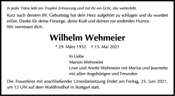 Traueranzeige von Wilhelm Wehmeier von Stuttgarter Zeitung / Stuttgarter Nachrichten