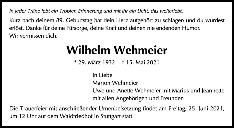  Traueranzeige für Wilhelm Wehmeier vom 22.05.2021 aus Stuttgarter Zeitung / Stuttgarter Nachrichten