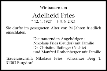 Traueranzeige von Adelheid Fries von Stuttgarter Zeitung / Stuttgarter Nachrichten