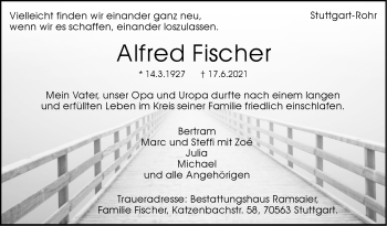 Traueranzeige von Alfred Fischer von Stuttgarter Zeitung / Stuttgarter Nachrichten
