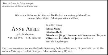 Traueranzeige von Anne Abele von Stuttgarter Zeitung / Stuttgarter Nachrichten