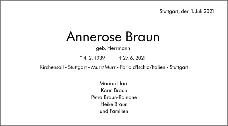 Traueranzeige für Annerose Braun vom 01.07.2021 aus Stuttgarter Zeitung / Stuttgarter Nachrichten