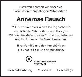 Traueranzeige von Annerose Rausch von Stuttgarter Zeitung / Stuttgarter Nachrichten