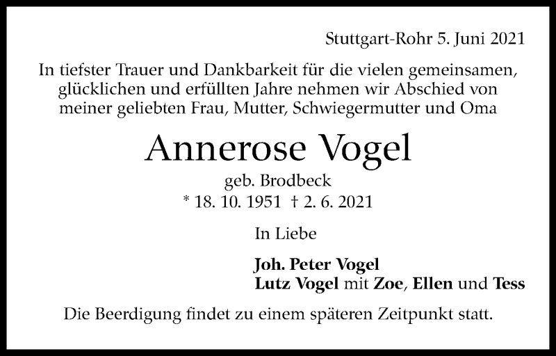  Traueranzeige für Annerose Vogel vom 05.06.2021 aus Stuttgarter Zeitung / Stuttgarter Nachrichten
