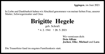 Traueranzeige von Brigitte Hegele von Stuttgarter Zeitung / Stuttgarter Nachrichten