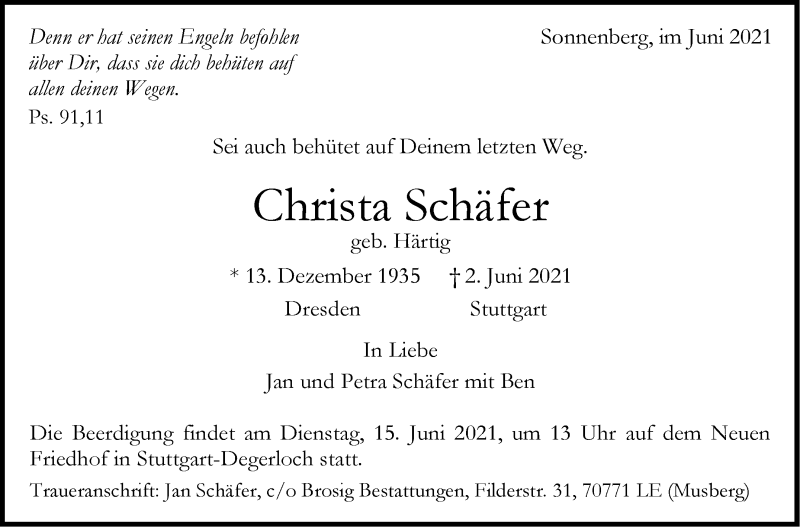  Traueranzeige für Christa Schäfer vom 08.06.2021 aus Stuttgarter Zeitung / Stuttgarter Nachrichten