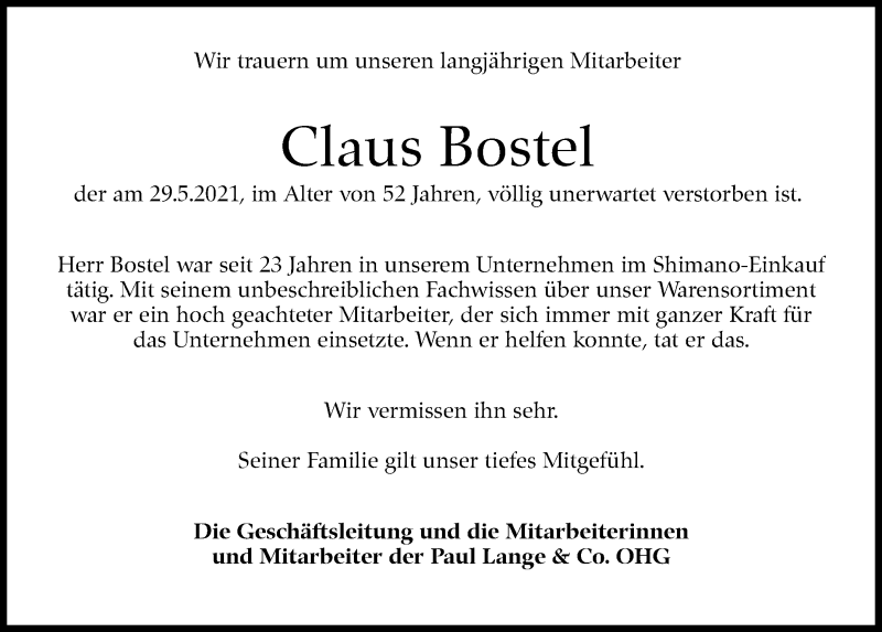  Traueranzeige für Claus Bostel vom 12.06.2021 aus Stuttgarter Zeitung / Stuttgarter Nachrichten