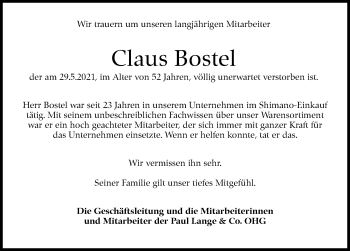 Traueranzeige von Claus Bostel von Stuttgarter Zeitung / Stuttgarter Nachrichten