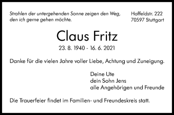 Traueranzeige von Claus Fritz von Stuttgarter Zeitung / Stuttgarter Nachrichten