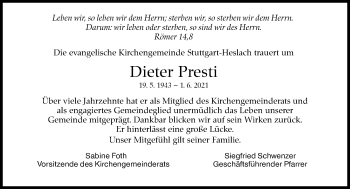 Traueranzeige von Dieter Presti von Stuttgarter Zeitung / Stuttgarter Nachrichten