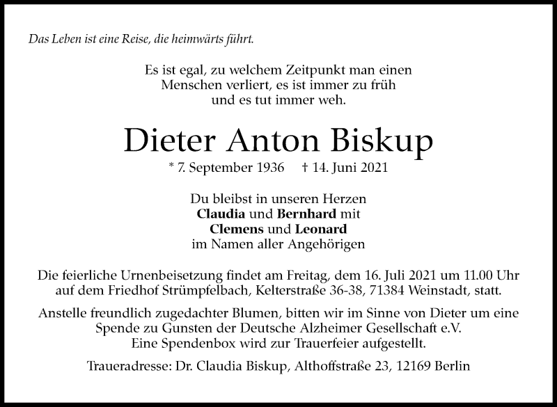  Traueranzeige für Dieter Anton Biskup vom 26.06.2021 aus Stuttgarter Zeitung / Stuttgarter Nachrichten