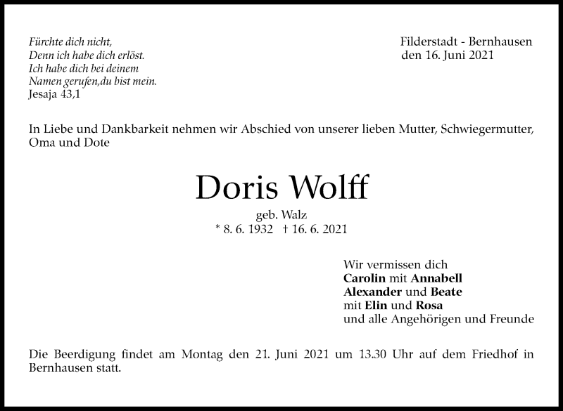  Traueranzeige für Doris Wolff vom 19.06.2021 aus Stuttgarter Zeitung / Stuttgarter Nachrichten