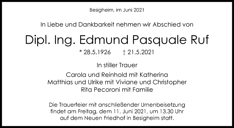  Traueranzeige für Edmund Ruf vom 07.06.2021 aus Stuttgarter Zeitung / Stuttgarter Nachrichten